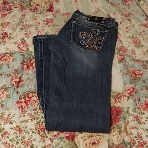 Miss Me Dark Blue Boot Cut Jeans with Silver Embroidery~ Inseam 33